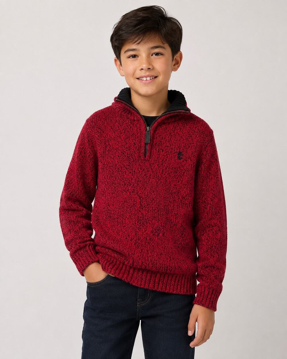 Boys IZOD Red Black Marled Cotton Quarter Zip Sweater Medium 10/12 Holiday